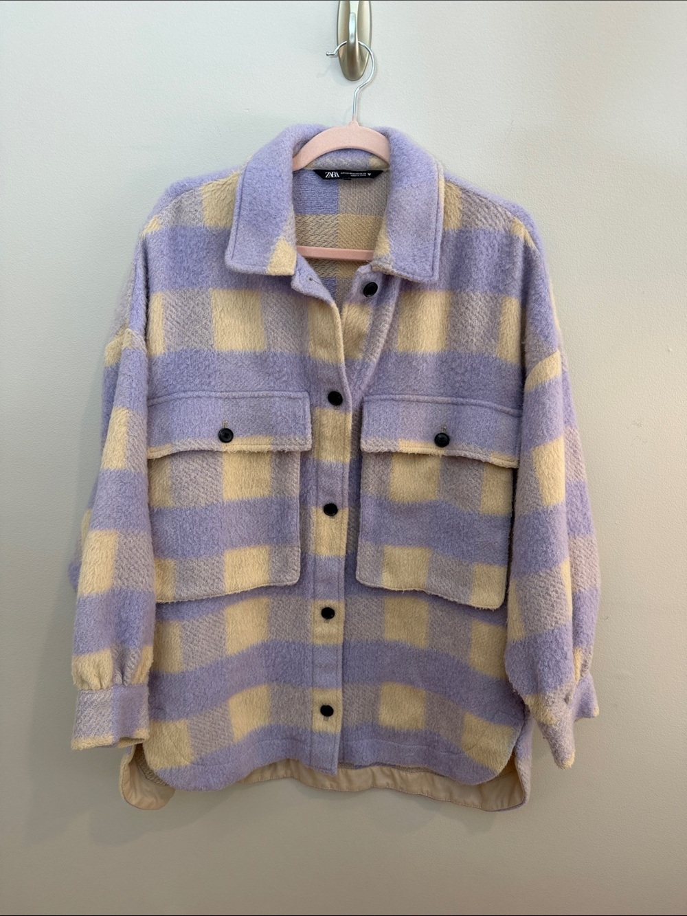 Zara Lavender and Cream Wool Plaid Utility Shacket